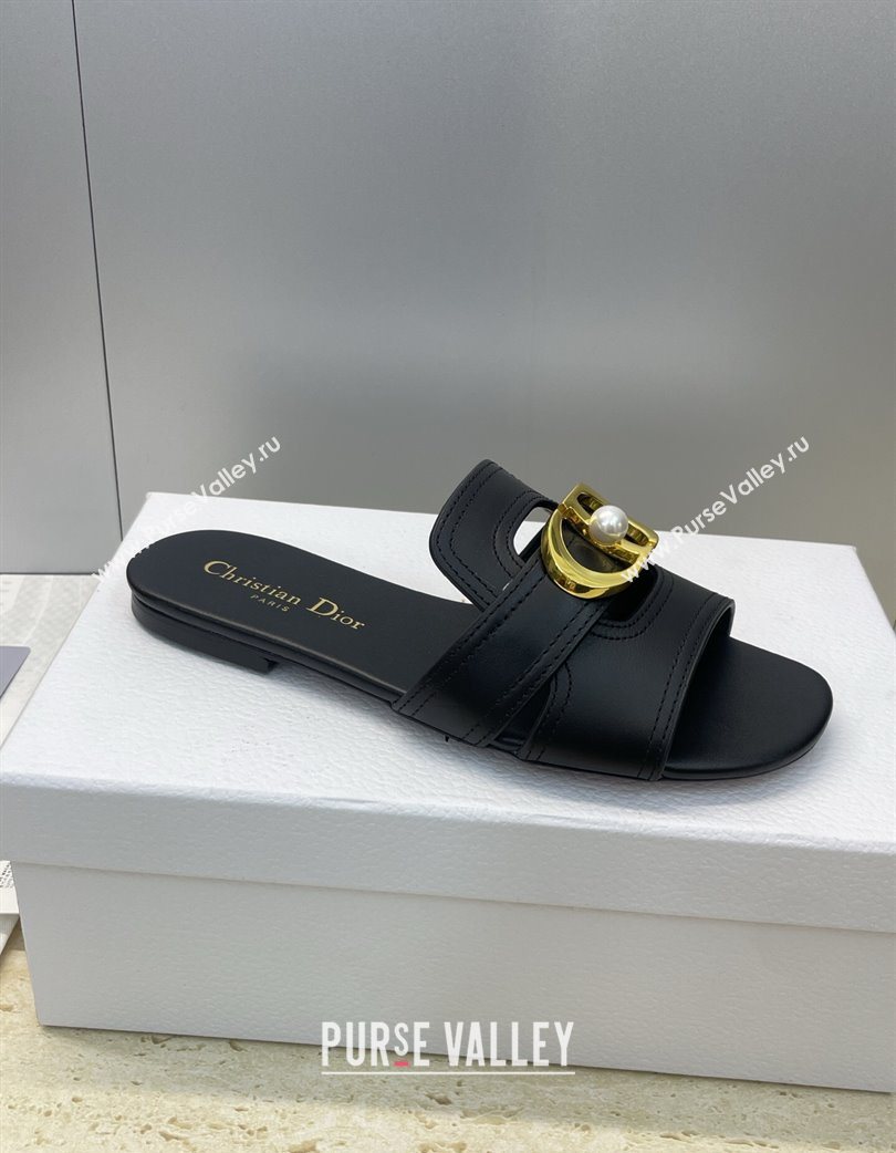 Dior 30 Montaigne Flat Slides Sandal in Calfskin Leather with Pearl Black 2025 (JC-251217008)