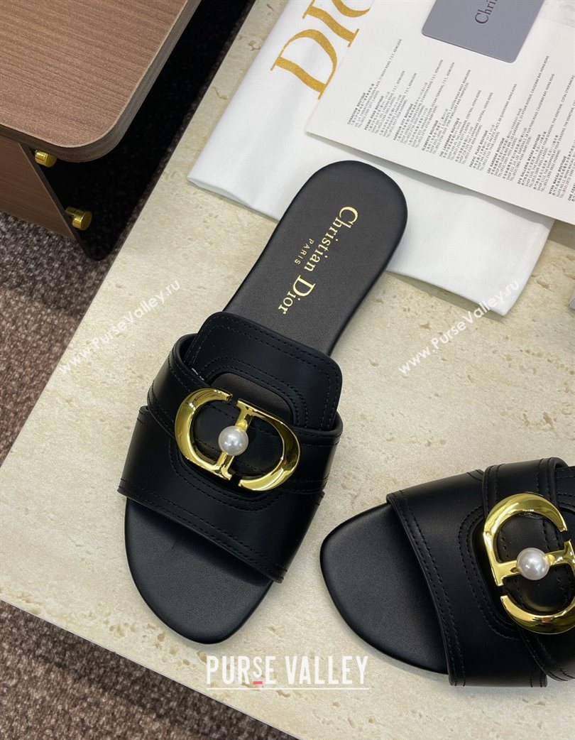 Dior 30 Montaigne Flat Slides Sandal in Calfskin Leather with Pearl Black 2025 (JC-251217008)