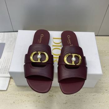 Dior 30 Montaigne Flat Slides Sandal in Calfskin Leather with Pearl Dark Burgundy 2025 (JC-251217010)