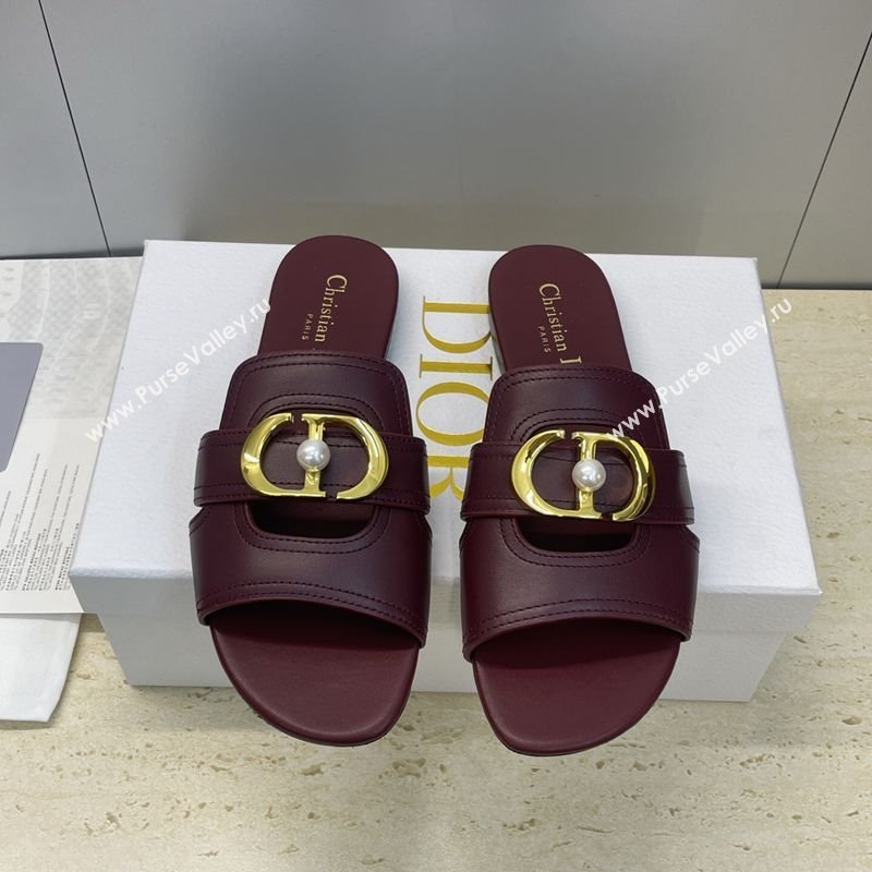 Dior 30 Montaigne Flat Slides Sandal in Calfskin Leather with Pearl Dark Burgundy 2025 (JC-251217010)