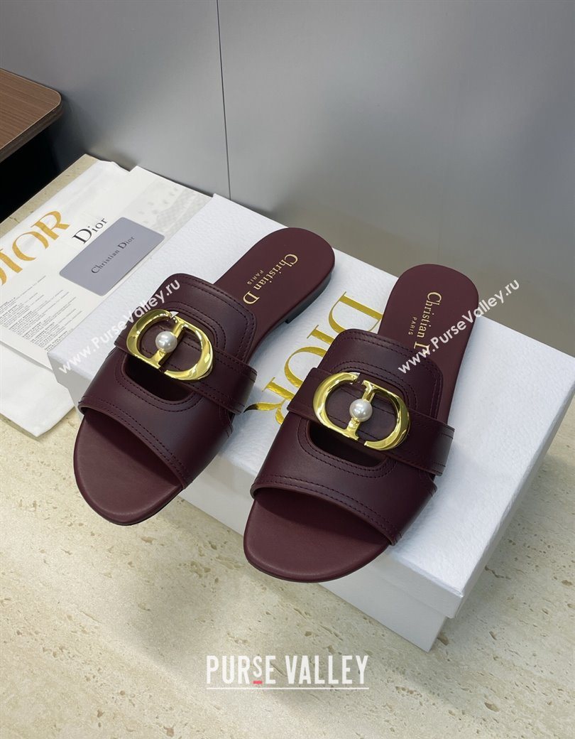 Dior 30 Montaigne Flat Slides Sandal in Calfskin Leather with Pearl Dark Burgundy 2025 (JC-251217010)