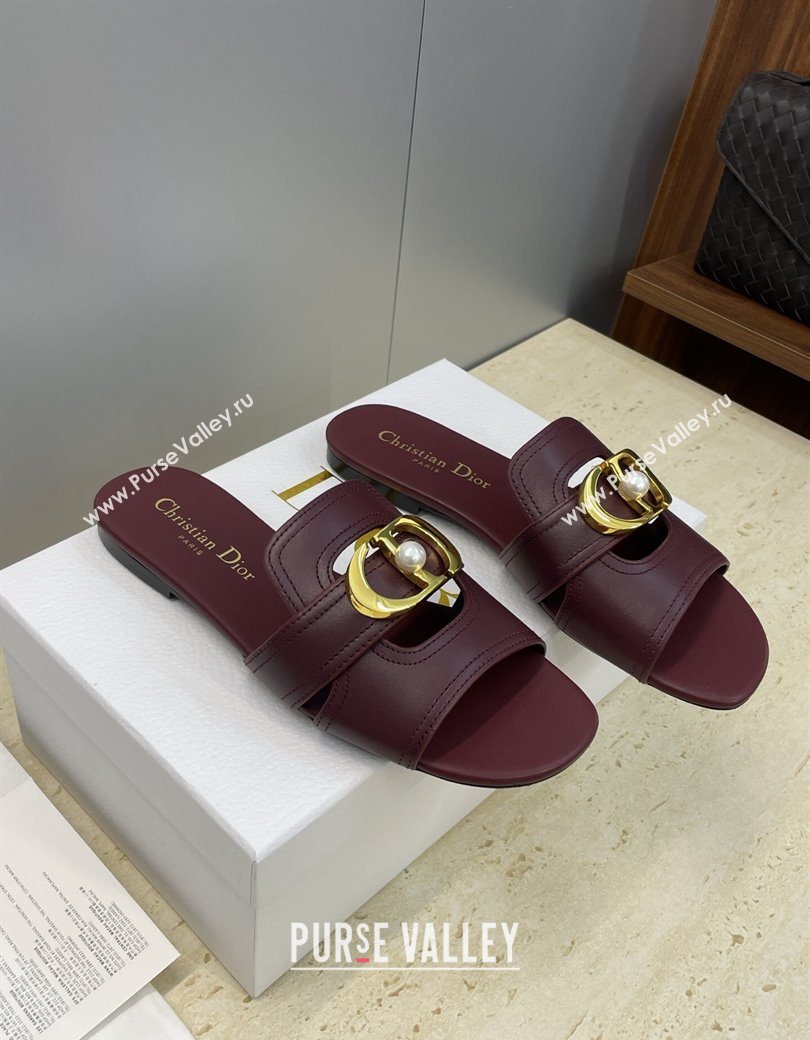 Dior 30 Montaigne Flat Slides Sandal in Calfskin Leather with Pearl Dark Burgundy 2025 (JC-251217010)