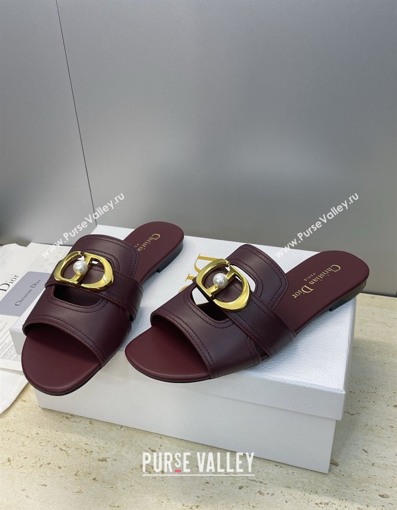 Dior 30 Montaigne Flat Slides Sandal in Calfskin Leather with Pearl Dark Burgundy 2025 (JC-251217010)