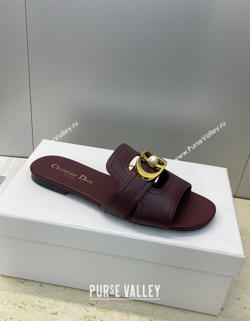 Dior 30 Montaigne Flat Slides Sandal in Calfskin Leather with Pearl Dark Burgundy 2025 (JC-251217010)