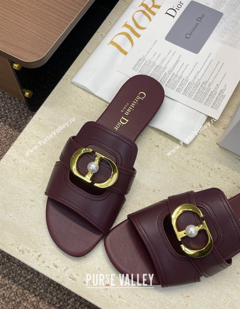Dior 30 Montaigne Flat Slides Sandal in Calfskin Leather with Pearl Dark Burgundy 2025 (JC-251217010)