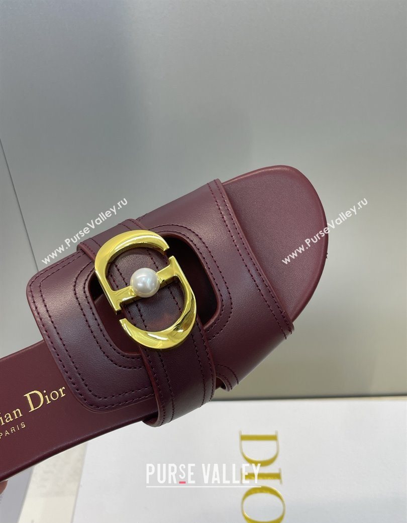 Dior 30 Montaigne Flat Slides Sandal in Calfskin Leather with Pearl Dark Burgundy 2025 (JC-251217010)
