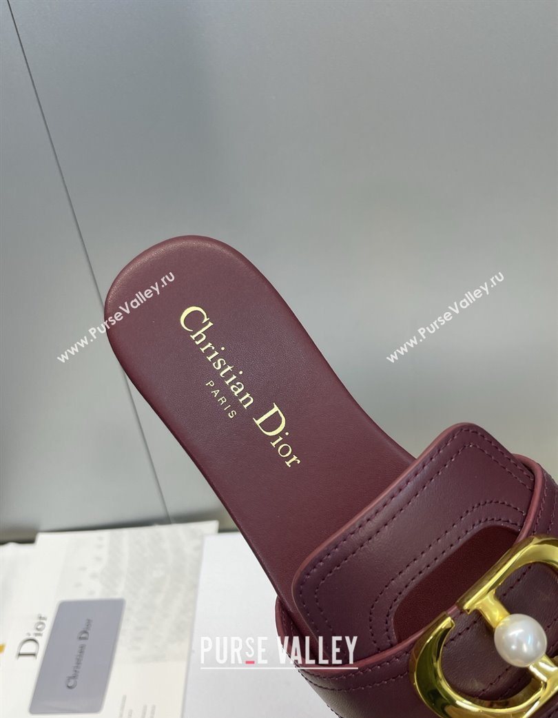 Dior 30 Montaigne Flat Slides Sandal in Calfskin Leather with Pearl Dark Burgundy 2025 (JC-251217010)