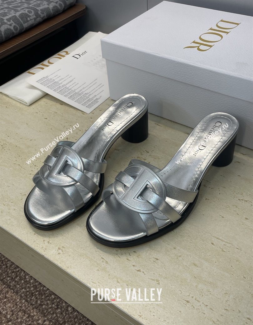 Dior D-Club Heeled Slides Sandal 6cm in Calfskin Leather Silver 2025 DR121701 (JC-251217012)