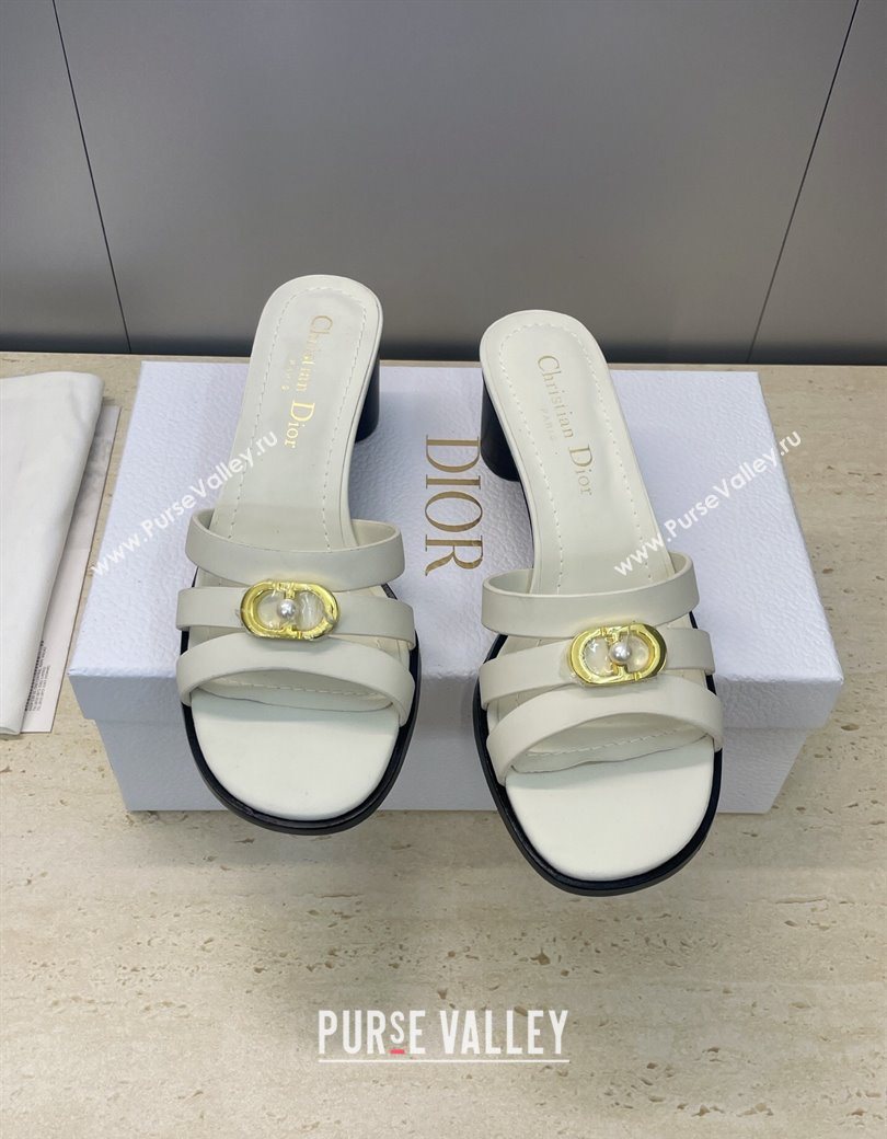 Dior 30M Heeled Slides Sandal 5cm in Calfskin Leather with CD Pearl White 2025 (JC-251217018)