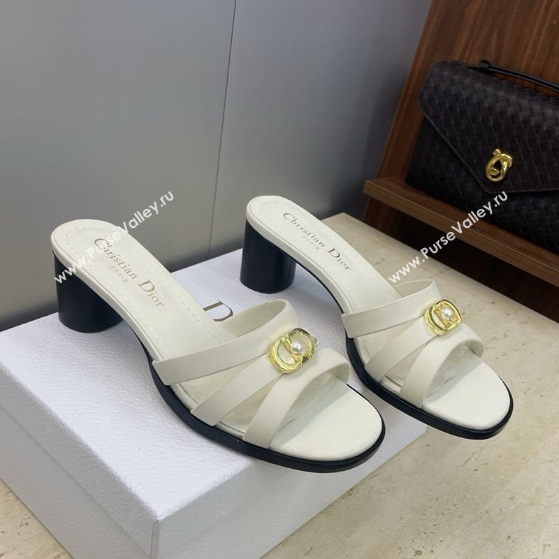 Dior 30M Heeled Slides Sandal 5cm in Calfskin Leather with CD Pearl White 2025 (JC-251217018)