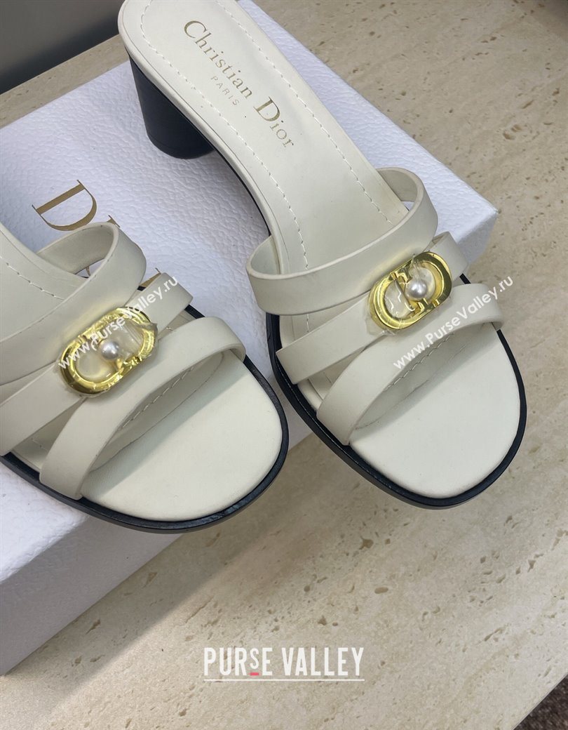 Dior 30M Heeled Slides Sandal 5cm in Calfskin Leather with CD Pearl White 2025 (JC-251217018)