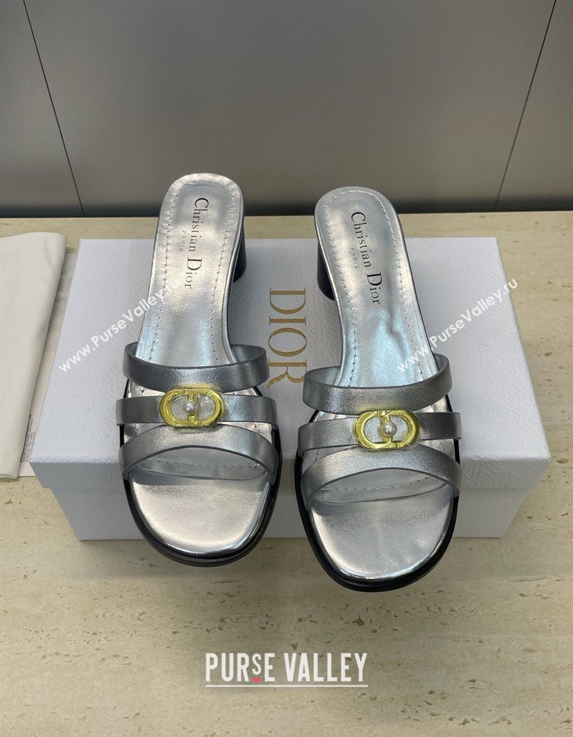Dior 30M Heeled Slides Sandal 5cm in Calfskin Leather with CD Pearl Silver 2025 (JC-251217022)