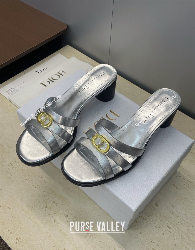Dior 30M Heeled Slides Sandal 5cm in Calfskin Leather with CD Pearl Silver 2025 (JC-251217022)