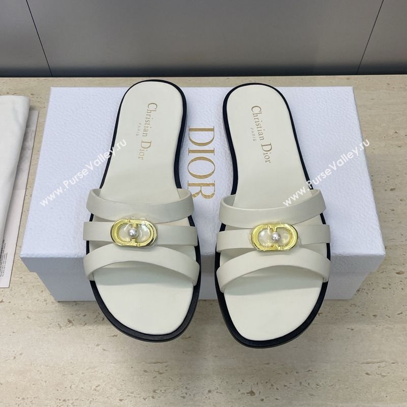 Dior 30M Flat Slides Sandal in Calfskin Leather with CD Pearl White 2025 (JC-251217025)
