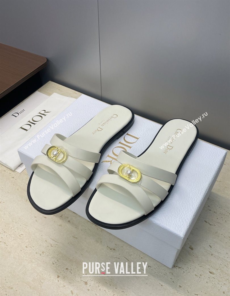 Dior 30M Flat Slides Sandal in Calfskin Leather with CD Pearl White 2025 (JC-251217025)