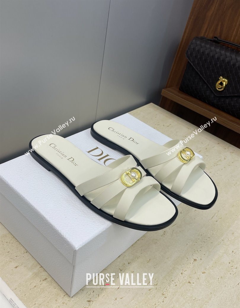 Dior 30M Flat Slides Sandal in Calfskin Leather with CD Pearl White 2025 (JC-251217025)