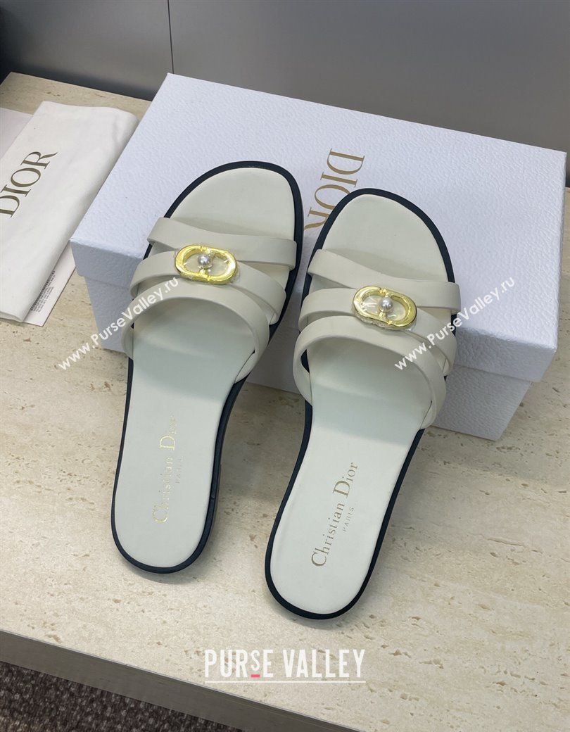 Dior 30M Flat Slides Sandal in Calfskin Leather with CD Pearl White 2025 (JC-251217025)