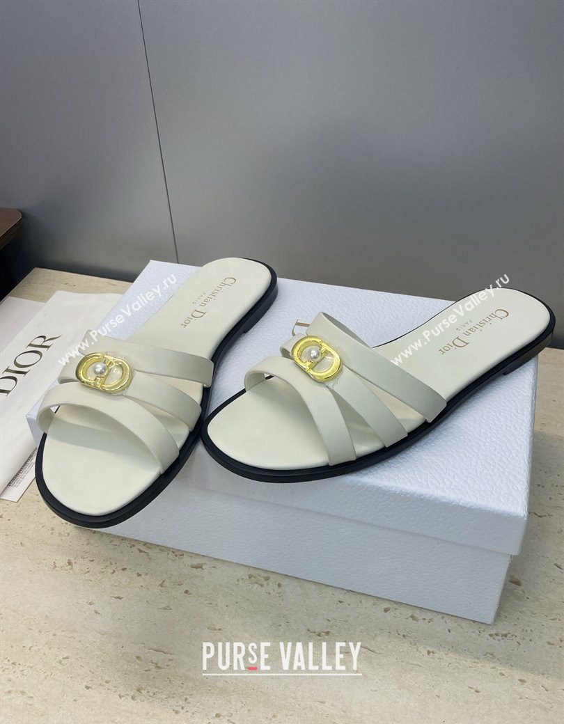 Dior 30M Flat Slides Sandal in Calfskin Leather with CD Pearl White 2025 (JC-251217025)