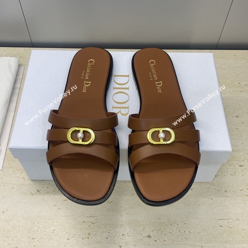 Dior 30M Flat Slides Sandal in Calfskin Leather with CD Pearl Brown 2025 (JC-251217026)