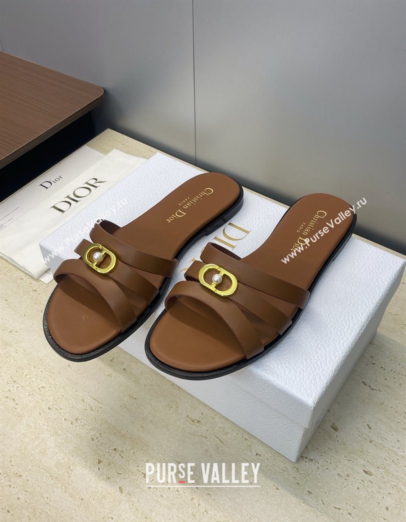 Dior 30M Flat Slides Sandal in Calfskin Leather with CD Pearl Brown 2025 (JC-251217026)