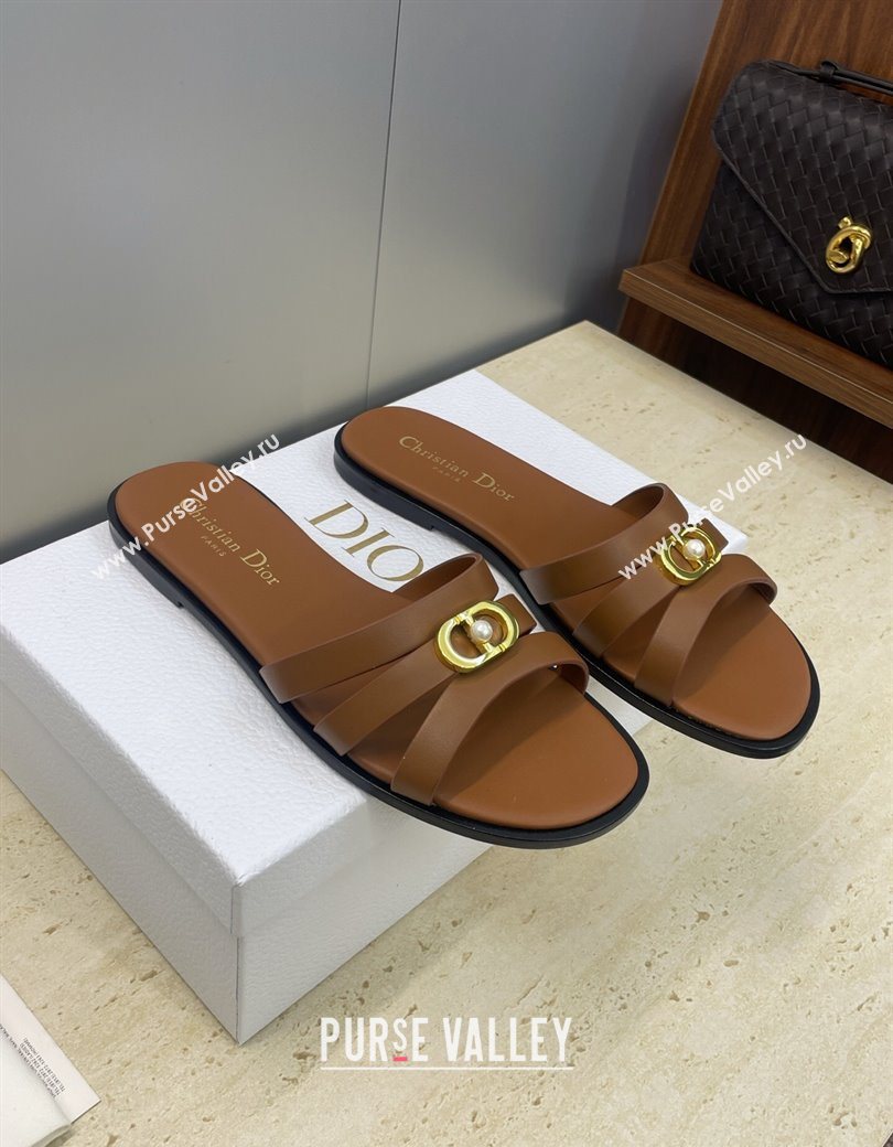Dior 30M Flat Slides Sandal in Calfskin Leather with CD Pearl Brown 2025 (JC-251217026)