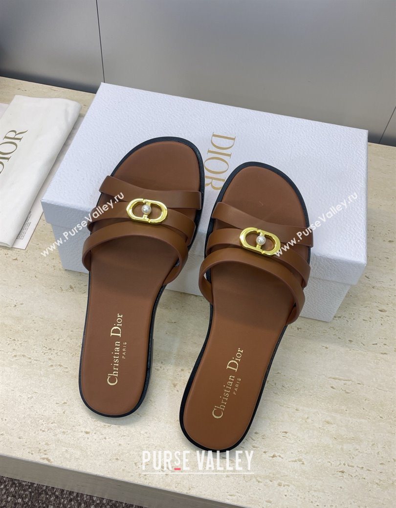 Dior 30M Flat Slides Sandal in Calfskin Leather with CD Pearl Brown 2025 (JC-251217026)