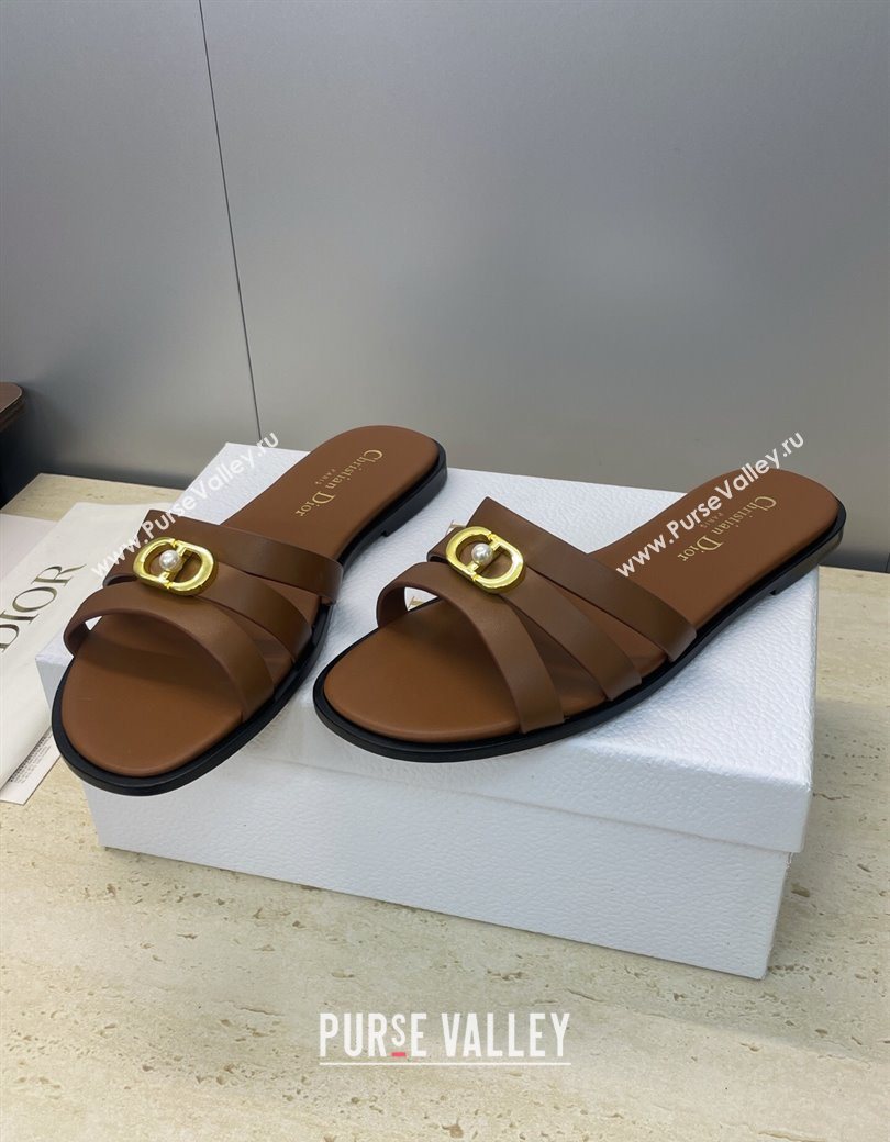 Dior 30M Flat Slides Sandal in Calfskin Leather with CD Pearl Brown 2025 (JC-251217026)