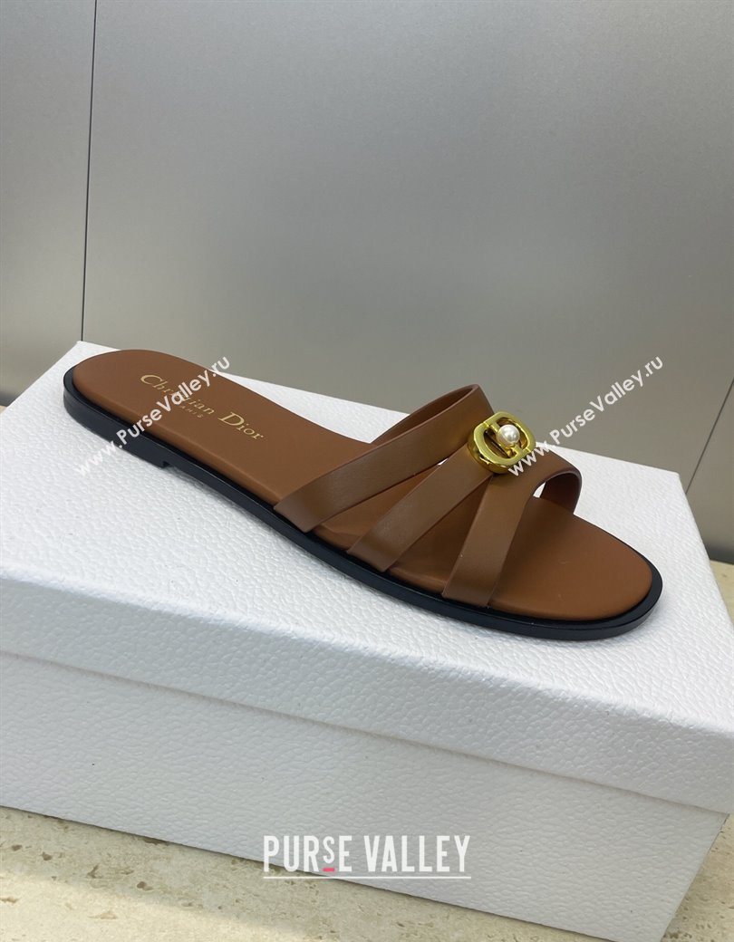 Dior 30M Flat Slides Sandal in Calfskin Leather with CD Pearl Brown 2025 (JC-251217026)