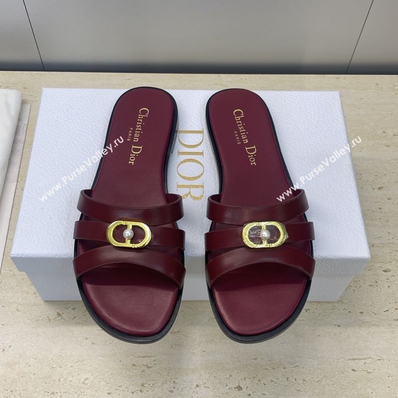 Dior 30M Flat Slides Sandal in Calfskin Leather with CD Pearl Dark Burgundy 2025 (JC-251217028)