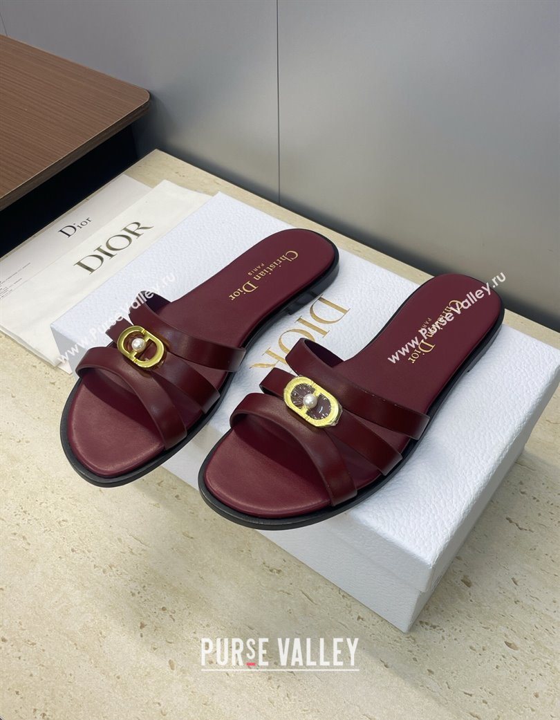 Dior 30M Flat Slides Sandal in Calfskin Leather with CD Pearl Dark Burgundy 2025 (JC-251217028)