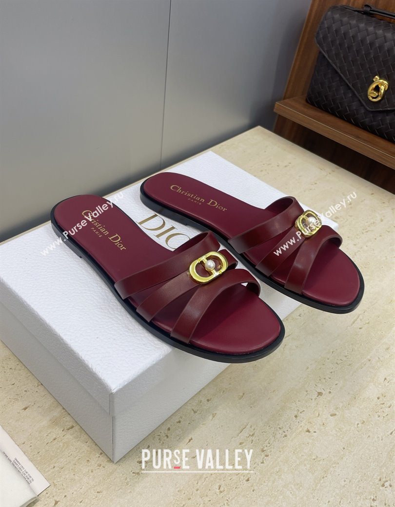 Dior 30M Flat Slides Sandal in Calfskin Leather with CD Pearl Dark Burgundy 2025 (JC-251217028)