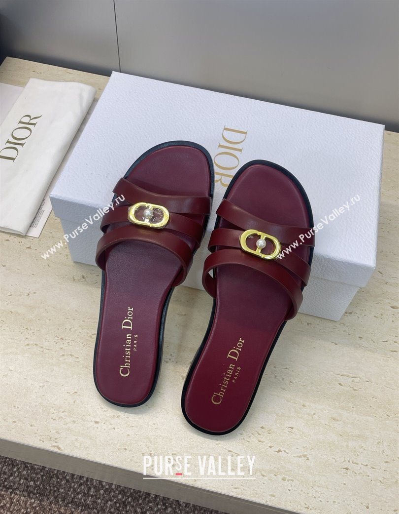 Dior 30M Flat Slides Sandal in Calfskin Leather with CD Pearl Dark Burgundy 2025 (JC-251217028)