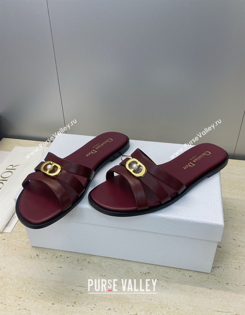 Dior 30M Flat Slides Sandal in Calfskin Leather with CD Pearl Dark Burgundy 2025 (JC-251217028)