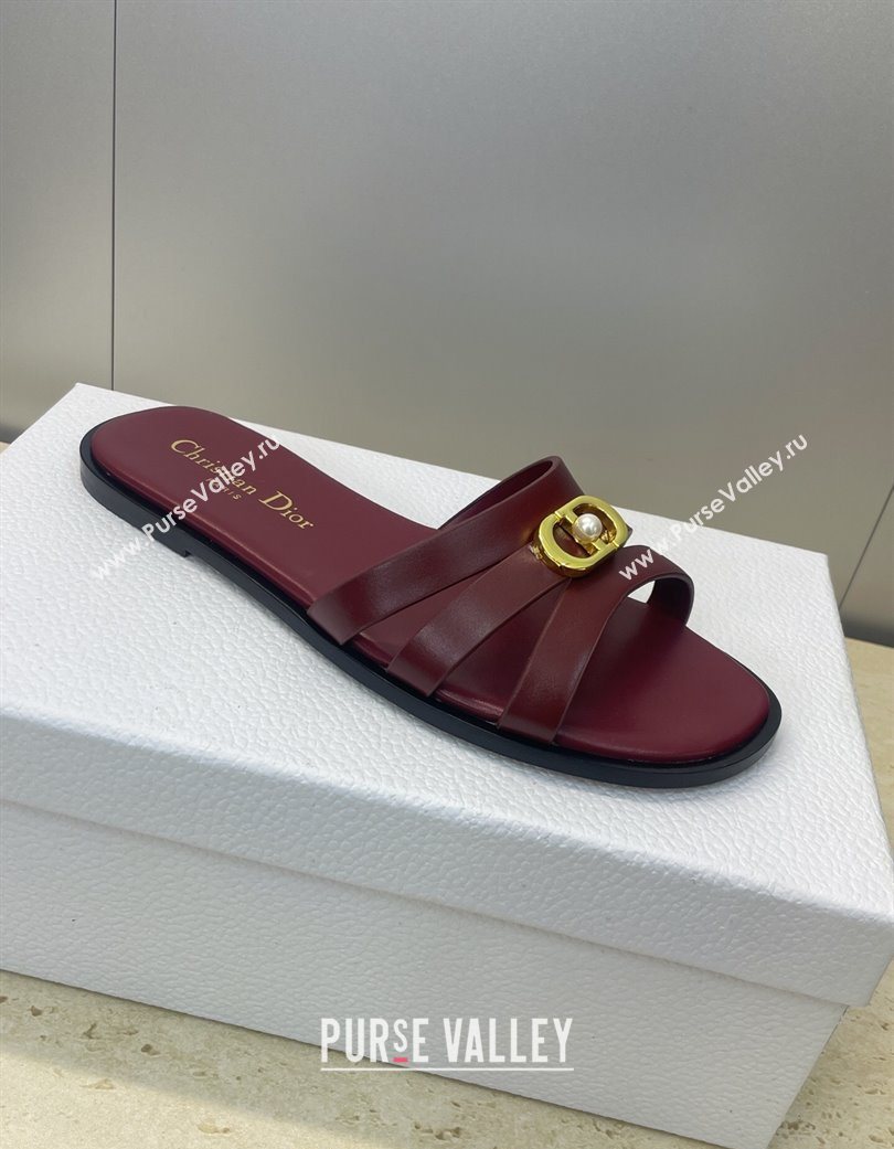 Dior 30M Flat Slides Sandal in Calfskin Leather with CD Pearl Dark Burgundy 2025 (JC-251217028)