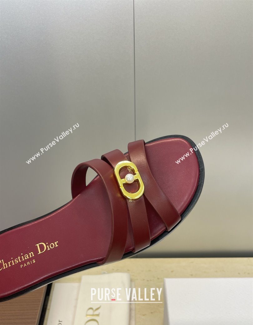 Dior 30M Flat Slides Sandal in Calfskin Leather with CD Pearl Dark Burgundy 2025 (JC-251217028)