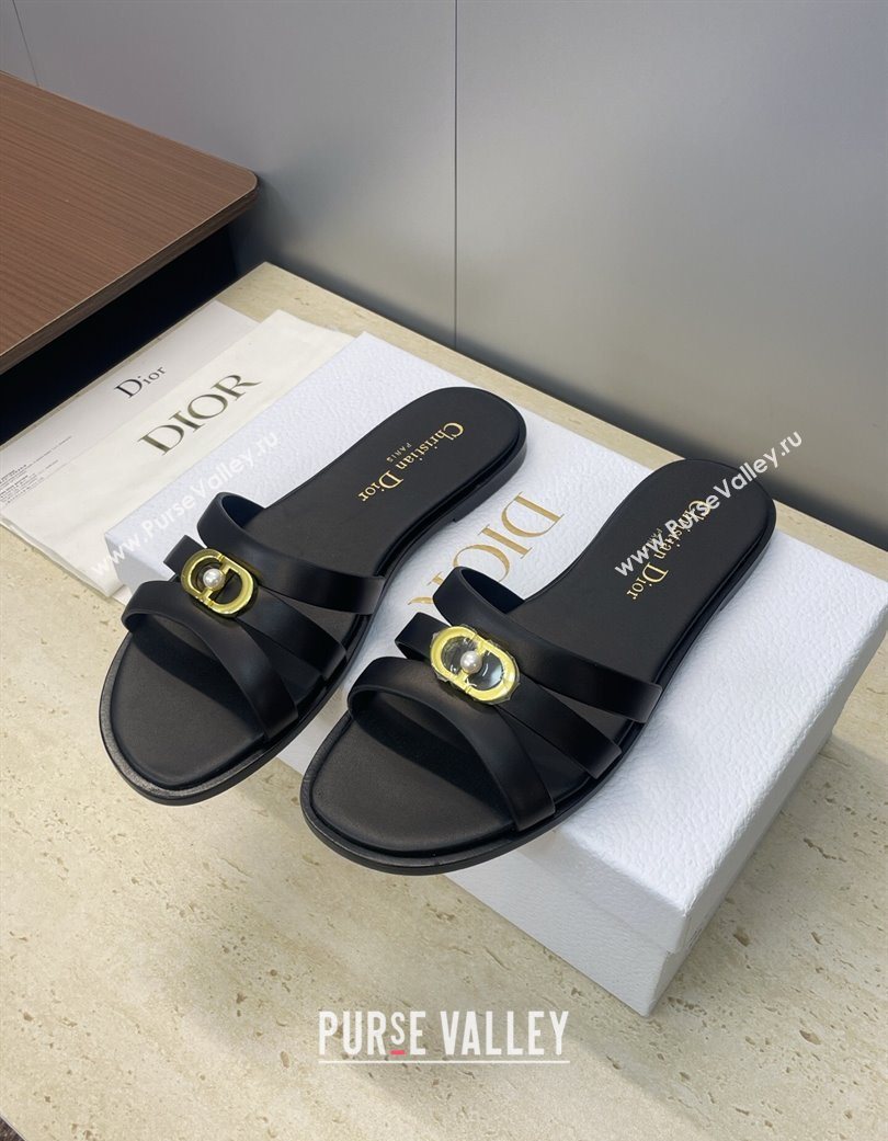 Dior 30M Flat Slides Sandal in Calfskin Leather with CD Pearl Black 2025 (JC-251217029)
