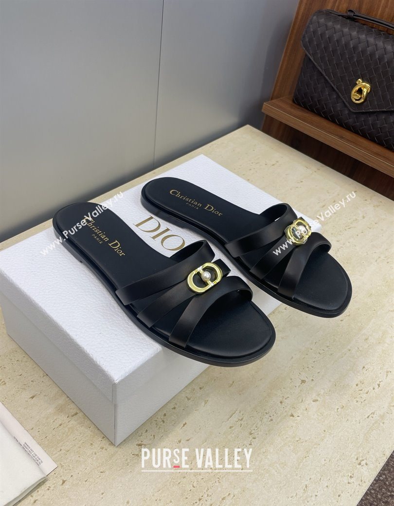 Dior 30M Flat Slides Sandal in Calfskin Leather with CD Pearl Black 2025 (JC-251217029)
