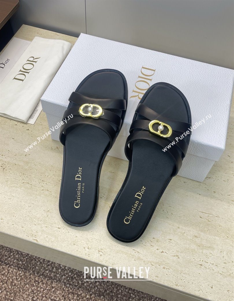 Dior 30M Flat Slides Sandal in Calfskin Leather with CD Pearl Black 2025 (JC-251217029)