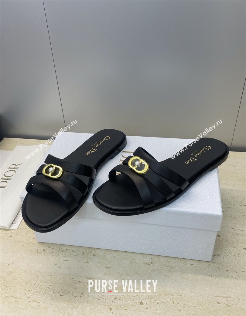 Dior 30M Flat Slides Sandal in Calfskin Leather with CD Pearl Black 2025 (JC-251217029)