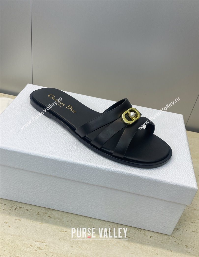 Dior 30M Flat Slides Sandal in Calfskin Leather with CD Pearl Black 2025 (JC-251217029)