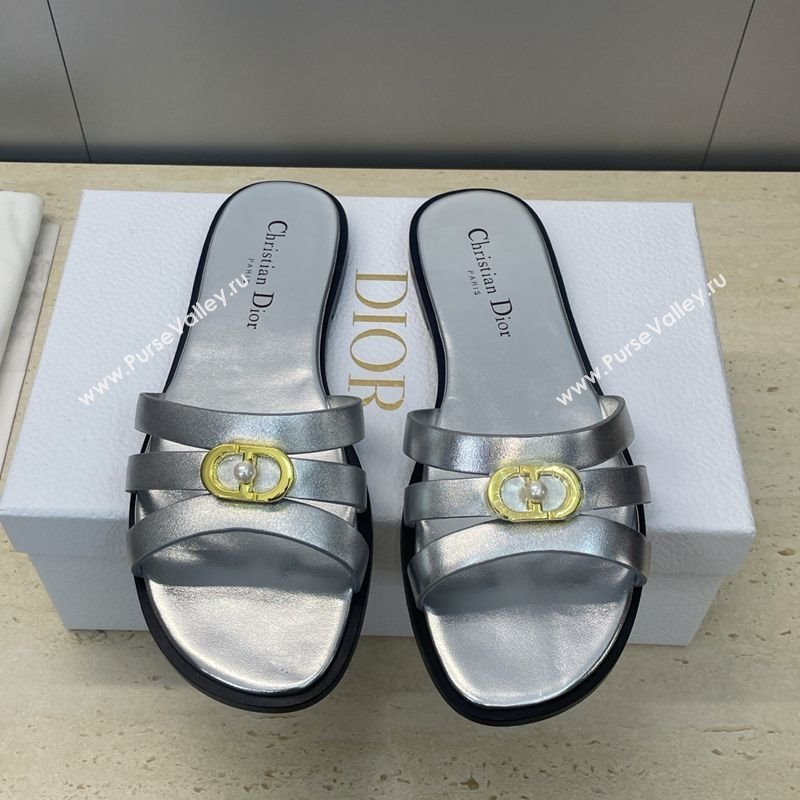 Dior 30M Flat Slides Sandal in Calfskin Leather with CD Pearl Silver 2025 (JC-251217030)
