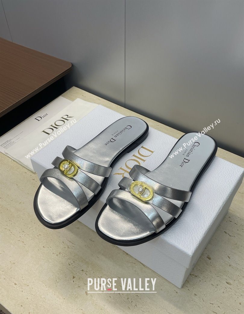 Dior 30M Flat Slides Sandal in Calfskin Leather with CD Pearl Silver 2025 (JC-251217030)