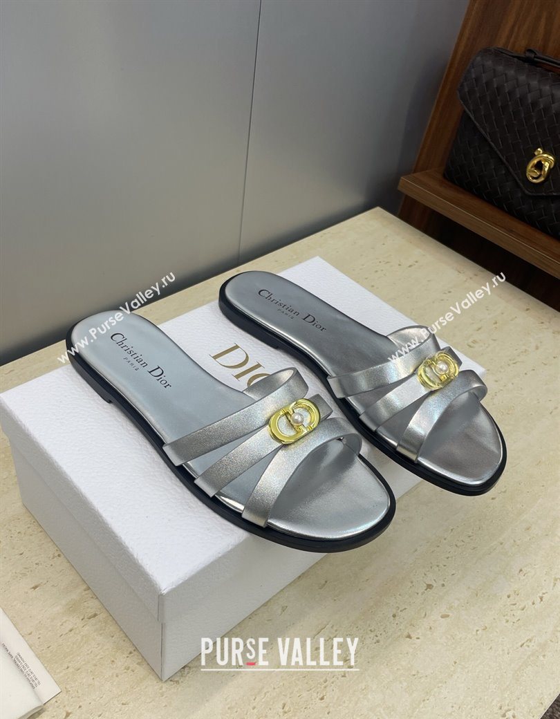 Dior 30M Flat Slides Sandal in Calfskin Leather with CD Pearl Silver 2025 (JC-251217030)