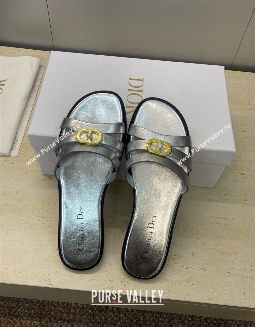 Dior 30M Flat Slides Sandal in Calfskin Leather with CD Pearl Silver 2025 (JC-251217030)