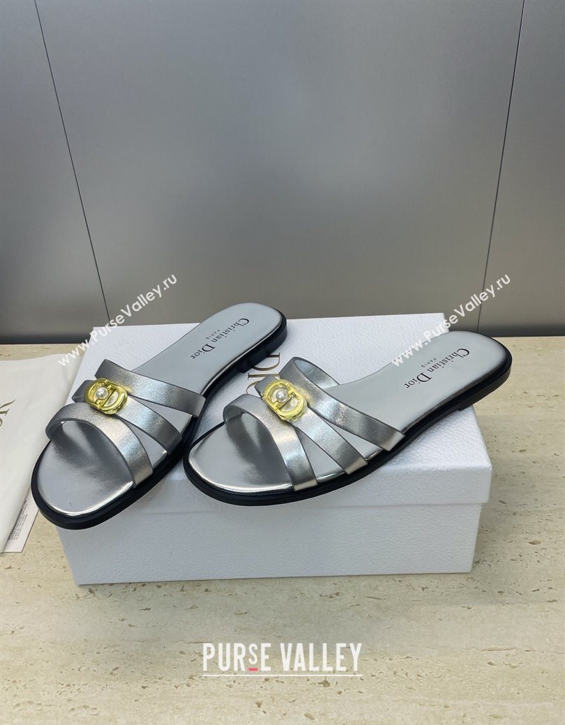 Dior 30M Flat Slides Sandal in Calfskin Leather with CD Pearl Silver 2025 (JC-251217030)
