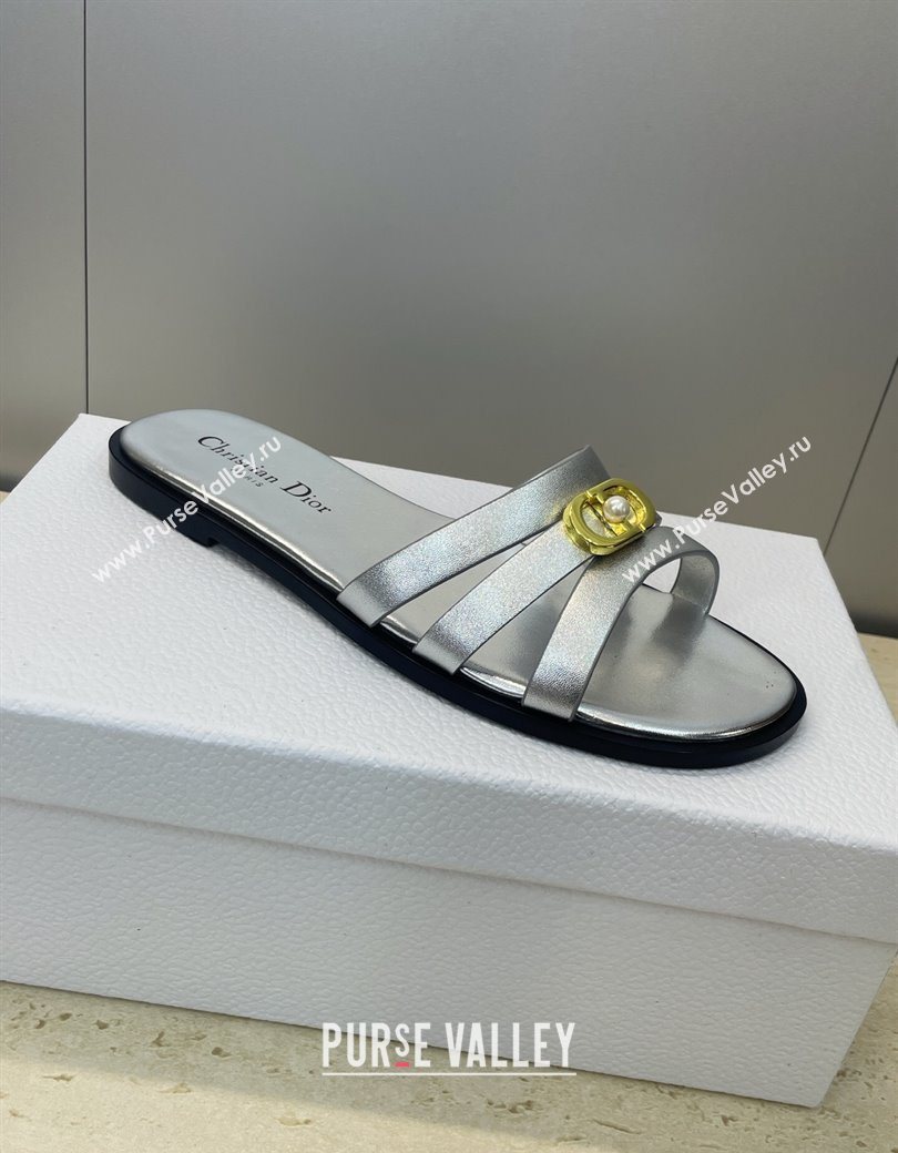 Dior 30M Flat Slides Sandal in Calfskin Leather with CD Pearl Silver 2025 (JC-251217030)