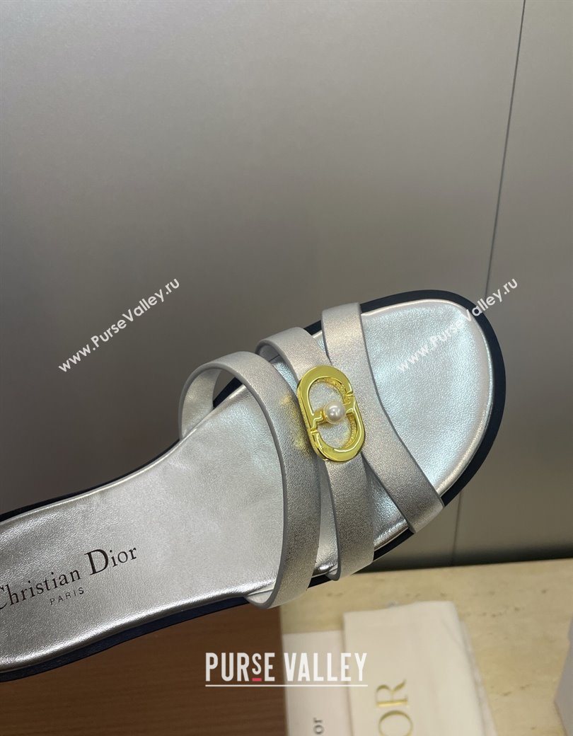 Dior 30M Flat Slides Sandal in Calfskin Leather with CD Pearl Silver 2025 (JC-251217030)