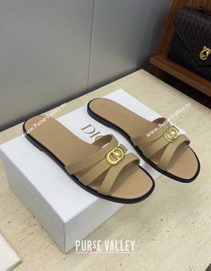Dior 30M Flat Slides Sandal in Calfskin Leather with CD Pearl Beige 2025 (JC-251217031)