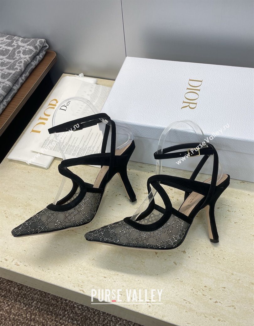 Dior Capture Heeled Sandals 9.5cm in Mesh with Strass Cannage Motif 2025 DR121606 (JC-251216112)