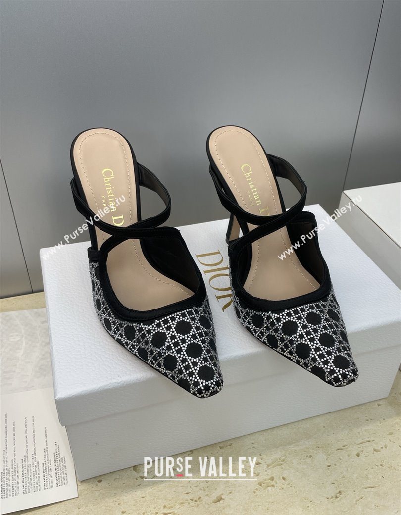 Dior Capture Heeled Mules 9.5cm Satin with Strass Cannage Motif Black 2025 DR121606 (JC-251216113)